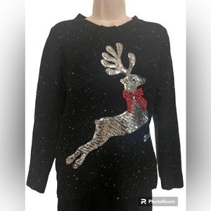 Christmas Sweater Reindeer sequins petite xs black